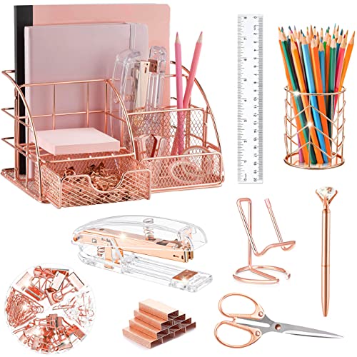 KAAKOW Schreibtisch-Organizer und Zubehör, Bürobedarfsset, Heftgerät, Stifthalter, Handyhalter, Schere, Stift, Lineal, 30 Büroklammern, 22 Binderklammern, 20 Reißzwecken und 1000 Heftklammern