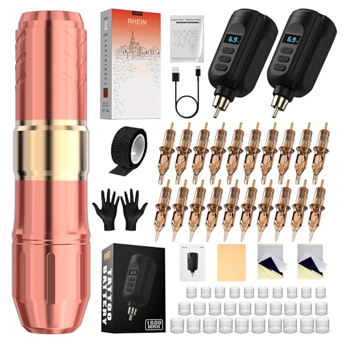 RHEIN Tattoo Maschine Set mit 2pcs 1500mAh Akkus Power 20 Stück Tattoo Cartridges Kabellos Tattoo Stift Maschine Komplettes Tattoo Zubehör RNP600KIT-2