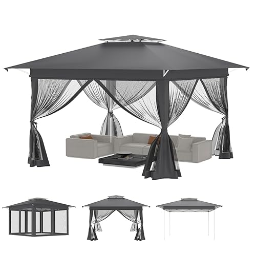 Gartenpavillon Pop Up Pavillon 4x4m, Wasserdicht UV-Schutz Stabil Faltpavillon 3-Stufen Höhenverstellbar Gartenzelt mit 4 Moskitonetz Seitenteilen & Doppeldach Partyzelt inkl. Tragetasche, Anthrazit