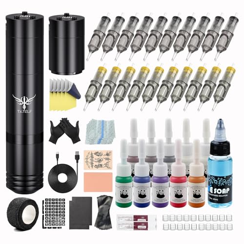 TATELF Drahtlos Maschine Set Rotation Stift mit 2 Stück Batterien 20 Stück Cartridges Nadeln 10 Tinten Gerät Set Komplettes Zubehör für Anfänger und Künstler