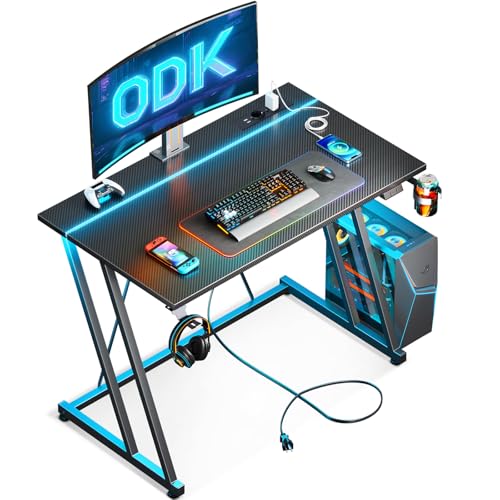 ODK 80 × 50 cm Gaming Tisch mit LED & Steckdose, Gaming Schreibtisch mit Becherhalter und Kopfhörerhaken, Doppel-Z-Rahmen-Design Kleiner Computertisch, Carbon Fiber Schwarz