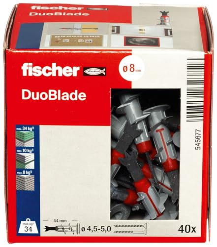 fischer DuoBlade, selbstbohrender Gipskartondübel, starker Dübel für einfache Montage in Gipskarton- und Gipsfaserplatten, mit Zentrierspitze aus Metall, 40 Stück