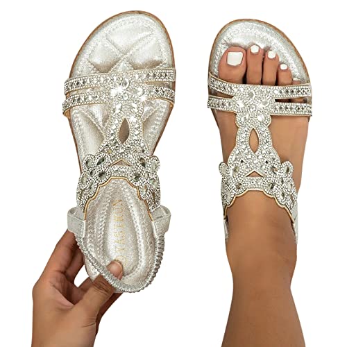 Sommer Sandalen Damen Sommerschuhe Boho Schuhe Glitzer Sandale Women Sandals Sandaletten Bequem Offene Fußbett Damensandalen Mädchen Sommersandalen Flach Elegant Schicke Silber 39