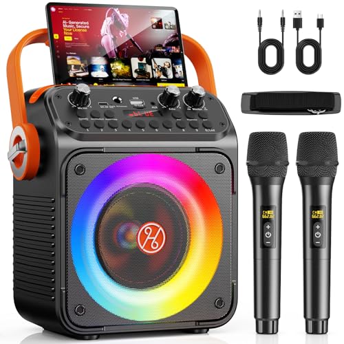 HWWR Karaoke Maschine mit 2 Mikrofonen, Bluetooth 5.3 Lautsprecher mit LED-Lichteffekten und Echo-Regelung, tragbare Karaoke Box mit USB/AUX/TF/FM, für Kinder und Erwachsene