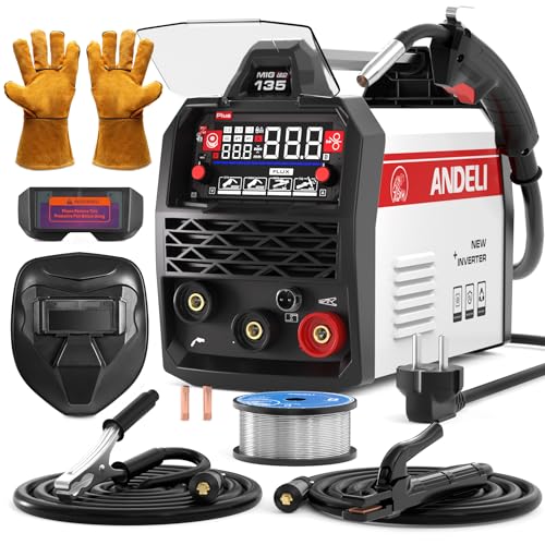 ANDELI 135A Kompakt Schweißgerät mit Fülldraht MIG/MAG | 230V Komplett-Set inkl. Helm & Handschuhe | Mit großer LED-Anzeige & Synergie | Für TIG und E-Hand – sofort startklar