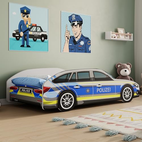 Kids Collective Autobett Kinderbett Jugendbett 70x140 & 80x160 cm mit Rausfallschutz | 80x160 cm Polizei Polizeiauto Polizist Kinder Spielbett