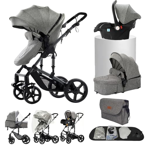 Aveainelle Kombi Kinderwagen 3 in 1, Babywanne, Reisesysteme und Autositz, Für Neugeborene Kinder von 0-36 Monaten, Maximale Tragkraft 25 kg (Grau)