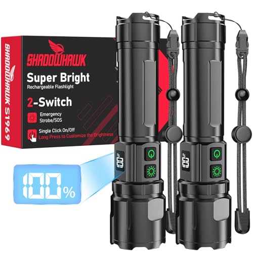 Shadowhawk Taschenlampe Led Aufladbar 2-Stück | Taktische Taschenlampe (2 Schalter) 500000 Lumen Extrem Hell, Bis zu 1000m Reichweite, 12h Laufzeit für Camping/Outdoor/Wandern, Anpassbare Helligkeit
