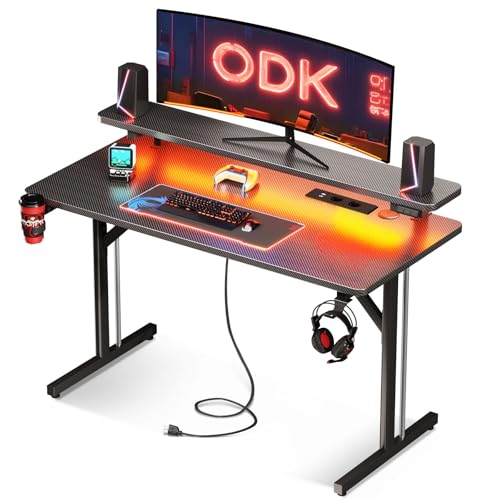 ODK Gaming Tisch, Kleiner Gaming Schreibtisch mit LED Beleuchtung, 100cm Computertisch mit Monitorablage, Carbon Fiber Schwarz PC Gamer Tisch