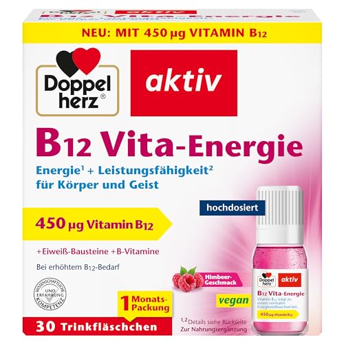 Doppelherz B12 Vita-Energie - Vegan und hochdosiert mit 450 µg Vitamin B12 pro Trinkfläschchen - 30 Trinkfläschchen mit Himbeer-Geschmack