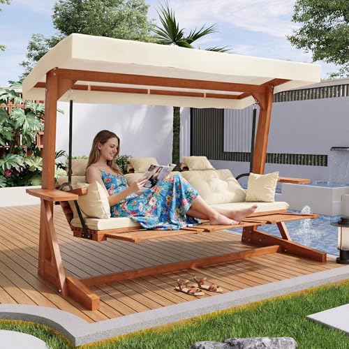Merax Hollywoodschaukel 3-Sitzer, aus Lärchenholz mit Markise, Gartenschaukel mit Auflagen und Zierkissen, ausziehbare Fußstütze, seitliche Ablagen, Holz Schaukel für Garten, Terrasse und Balkon