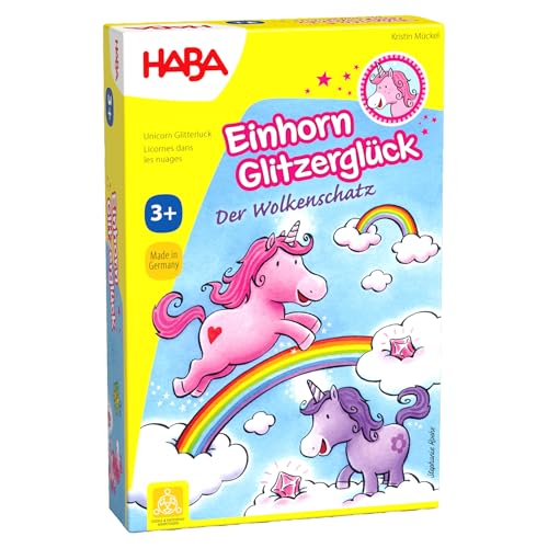 HABA Einhorn Glitzerglück: Der Wolkenschatz – Würfel- & Sammelspiel mit 60 Glitzerkristallen für 2-4 Spieler ab 3 Jahren, Geschenk für Einhorn-Fans – 2011190001