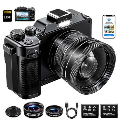 5K Digitalkameras 64MP mit Frontkamera, Weitwinkel/Makroobjektive | Digitalkamera mit 18-fachem Digitalzoom, 2 Akkus, 32GB SD-Karte, Vlogging, für Anfänger, Jugendliche und Erwachsene