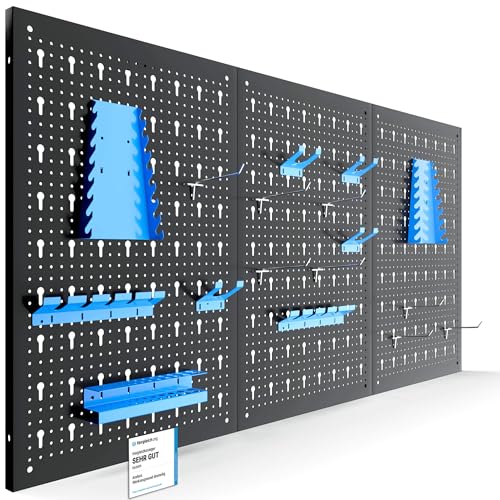 Arebos Werkzeugwand 3-teilige Lochwand Werkstatt | 17-teiliges Hakenset & Halterungen | 117,6 x 59,5 x 2 cm | Werkzeuglochwand aus Metall für Werkstatteinrichtung inkl. Montagematerial | Blau