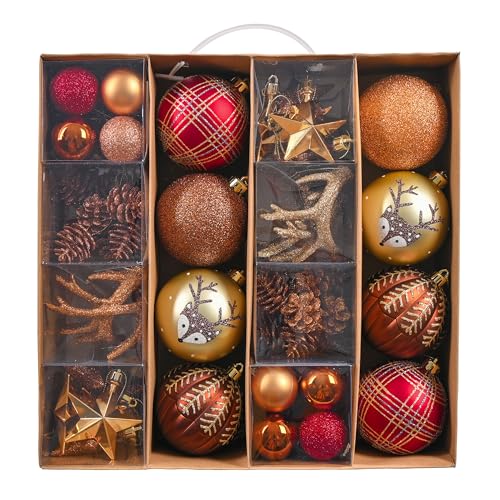 Valery Madelyn Weihnachtskugeln 60 Stücke Christbaumkugeln Geschenkpaket Weihnachtsbaumschmuck Kunststoff Kupfergold Weihnachtsdeko mit Aufhänger Waldland Thema(L)