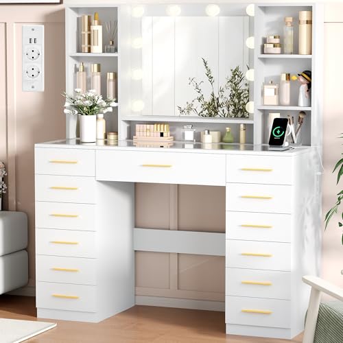 BEWISHOME Schminktisch mit Spiegel und Beleuchtung,Frisiertisch mit Transparente Glasplatte,Make-up Schminktische mit Steckdose,Schminktisch mit 13 Schubladen,6 offenen Regalen,Weiß EFST61W