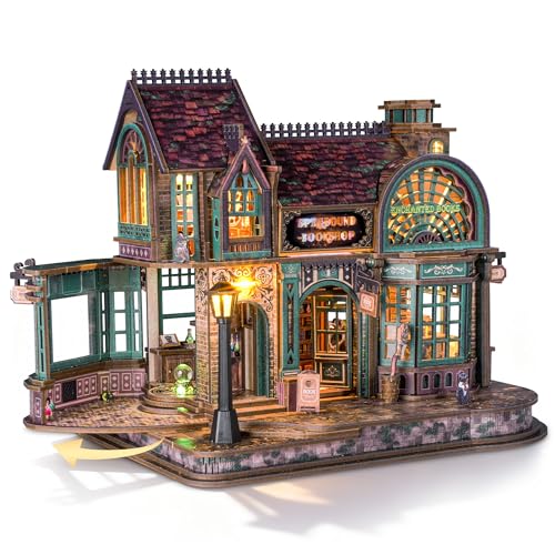 FUNPOLA 3D Holzpuzzle Magischer Buchladen mit LED-Lichtern – DIY Miniatur-Bausatz, Zauberbuchhandlung, Wohnkultur-Display und kreatives Geschenk für Erwachsene und Jugendliche