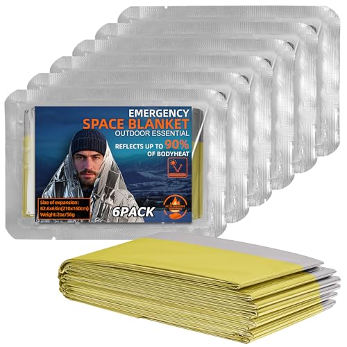 Oture Notfall Thermodecke, 6er-Pack, 210 x 160 cm, Reflektiert 90% Körperwärme, Ultraleicht 56g, Für Outdoor, Wandern, Camping, Golden