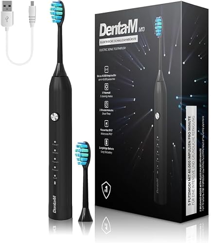 Denta-M Elektrische Schallzahnbürste – Elektrische Zahnbürste mit 5 Modi & 120 Tage Power Akku – Ultraschallzahnbürste mit Smart Bürstenkopf – 100 Tage risikofrei testen (Edition Black)