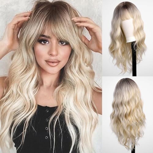 GREATRICH Blonde Perücke Lang, Echthaar Perücke Frauen, Blond Wig Damen für Alltag Cosplay Party Hochzeit, Lang Gelockte Perücke mit Pony, Verstellbare Atmungsaktiv Perückenhaube