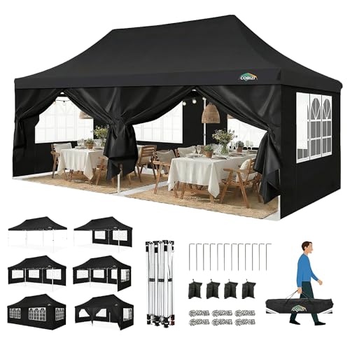 COBIZI Faltpavillon 3X6, Pavillon 3x6m Wasserdicht Stabil Winterfest, Faltbar Partyzelt mit 6 Seitenwänden & 4 Sandsack Pop up Gartenpavillon Anti-UV für Hochzeiten, Freien, Schwarz