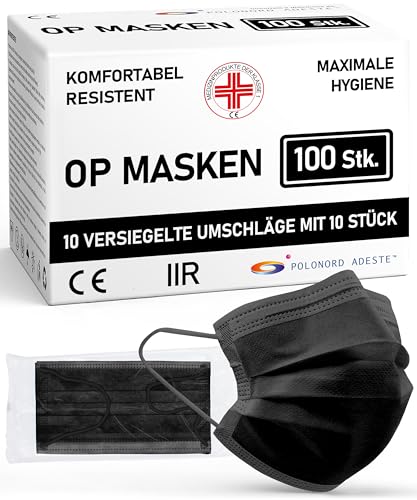 ADESTE – 100x schwarze Einweg OP Masken Typ IIR, 3-lagig, spritzwassergeschützt, konform mit UNI EN 14683:2019+AC:2019, BFE  src=