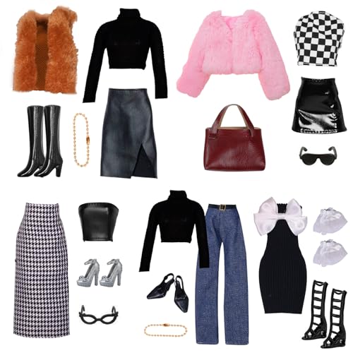 17 Stück Kleidung und Zubehör für 11,5 Zoll Mädchen Puppen Plüsch Westen Set Plüsch Mantel Set Outfits Schleifen Knoten Kleid Langes Etuikleid Set mit 7 Schuhe 5 Zubehör Zufällig Geschenk für Mädchen