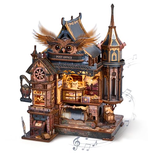 FUNPOLA LED 3D Holzpuzzle Eulen-Postamt – Dynamisches Modell mit mechanischen Zahnrädern, DIY Miniatur-Bausatz mit Musik und LED-Lichtern, Wohnkultur-Geschenk für Erwachsene und Jugendliche