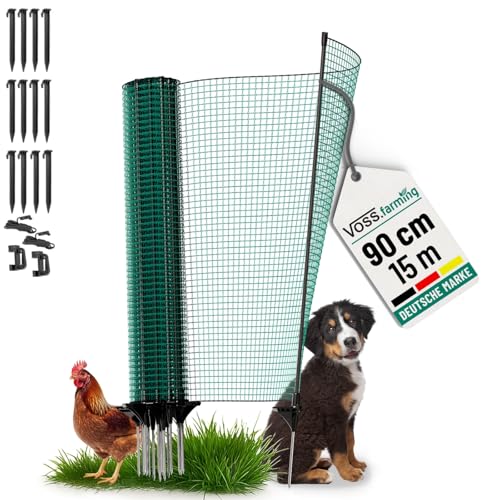 VOSS.farming Begrenzungszaun Classic ohne Strom, 15m, 90cm, 9 Pfähle, 1 Spitze, grün, Kleintiernetz, mobiler Zaun, Gartenzaun, für Garten, Haus, Hof