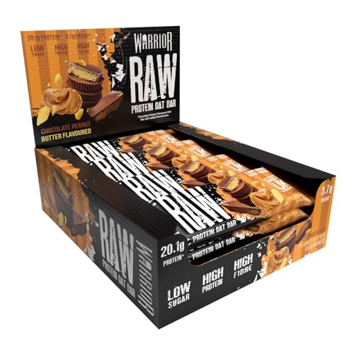 Warrior Raw Protein Riegel Flapjack (20 g) – 12 x 75 g – zuckerarmer, ballaststoffreicher Mahlzeitenersatz – gesunder Frühstücks-Hafer-Snack für Energie und Muskelwachstum (Schoko-Erdnuss)