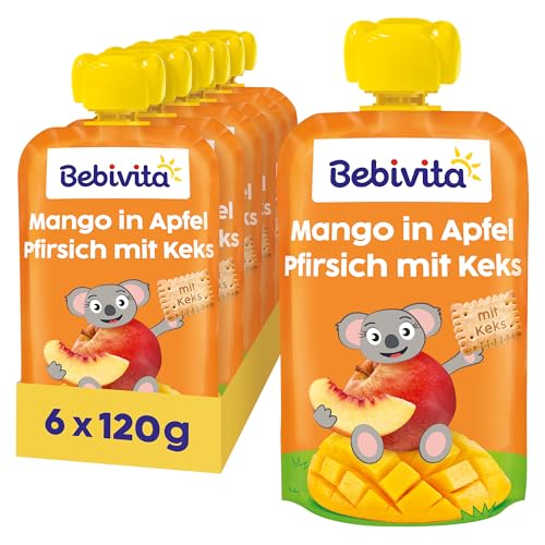 Bebivita Mango in Apfel Pfirsich mit Keks Quetschie (6 x 120g), ohne Zuckerzusatz, aus milden Früchten und wertvollem Getreide, ideal für unterwegs und selbständiges Snacken