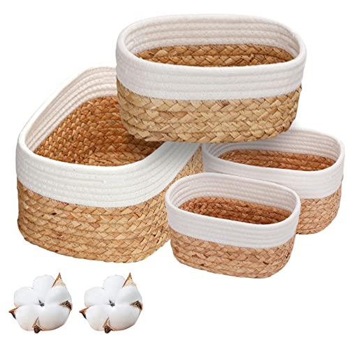 Aufbewahrungskorb Körbe aufbewahrung 4er korb geflochten Set aus Wasserhyazinthe und Baumwolle,Badezimmer bad Ordnungsbox Organizer Für dekoratives Küche Aufbewahrungsbad,Schlafzimmer
