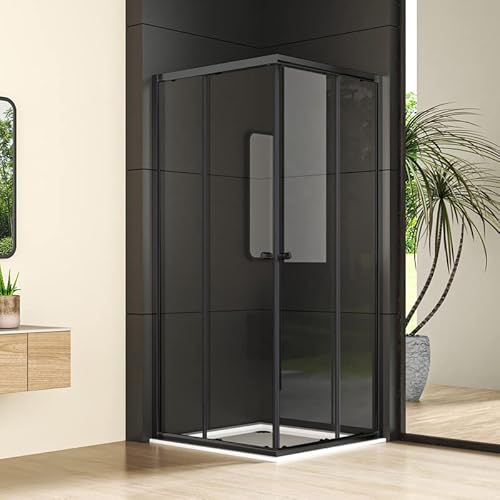 Eckeinstieg Duschkabine 80x80x185cm Schiebetür, Duschschiebetür Duschabtrennung Doppel Schiebetür mit 6mm ESG Glas, Mattes Schwarz Duschwand Sicherheitsglas, Duschtür Höhe 185cm