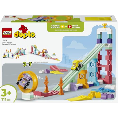 LEGO DUPLO Kreative Sprungschanzen mit kleinen Flitzern 3-in-1-Set 10478 | Spielzeug ab 3 Jahren für Jungen und Mädchen, Montessori Lernspielzeug mit 2 Rennwagen, Geschenk für Kinder, 111 Teile