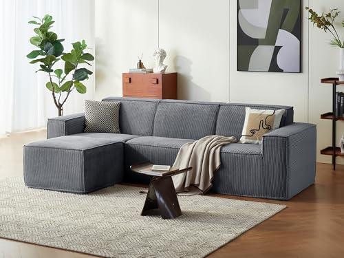 LINSY HOME Ecksofa mit Schlaffunktion - 266cm Modulares Schlafsofa, L Form Couch, Sektionssofas für Wohnzimmer, Keine Montage erforderlich (Cord, Dunkelgrau, 3 Sitze mit Ottomane)