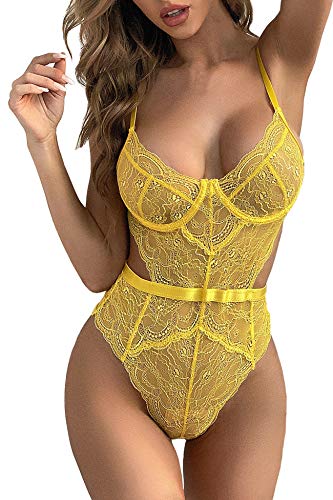 EVELIFE Body Damen Sexy Dessous Bodysuit BH mit Bügel Overall Reizwäsche Negligee Spitze Unterwäsche Babydoll Lingerie (Gelb, XL)