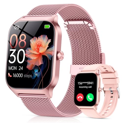 CASCHO Smartwatch Damen mit Telefonfunktion, 1.85'' Smart Watch, 120+Sportmodi Fitnessuhr mit Herzfrequenz/SpO2/Schrittzähler/Schlafmonitor, IP68 Wasserdicht Fitness Tracker für iOS Android,Rosa