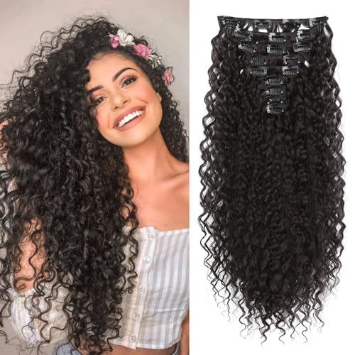 FLUFYMOOZ 9PCS Clip in Hair Extensions, 22 Inch Clip in Haarverlängerungen lockige Haarverlängerung, lange, weiche synthetische Haarteile für Frauen Schwarzbraun