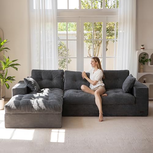MAXYOYO Sofa mit Schlaffunktion, Ecksofa L Form Cordstoff 264x171 cm Cord Couch Wohnzimmer Schlafsofa mit Ottomane Universal Easy Clean & Pet Friendly,Keine Montage （Grau）