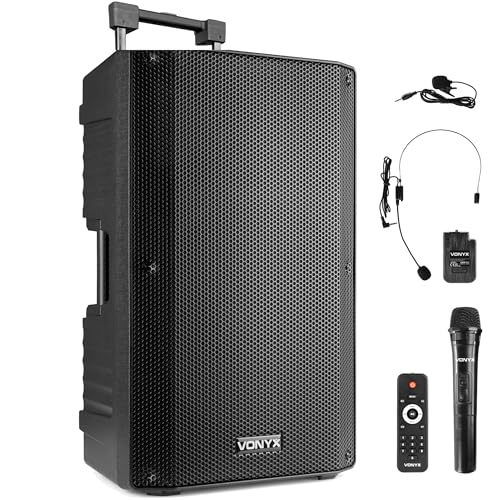 Vonyx VSA700-BP Partybox Bluetooth Lautsprecher Groß 1000W, 8 Std Akku, Headset und Mikrofon, Mobile PA Anlage Komplettset mit Fernbedienung - Mobile Musikbox Groß, USB, SD, MP3, Schwarz