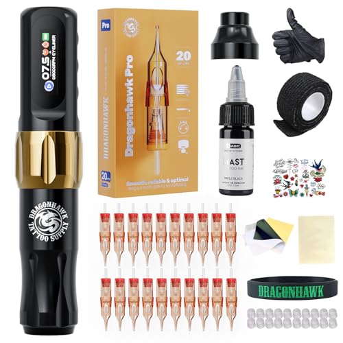 Dragonhawk Atom2 Tattoo Maschine Set Profi, Rotary Cordless Tattoo Pen Gun Complete Kit mit Batterien 20-teilige Tattoo-Patronen-Nadeln für Anhänger und Anhänger