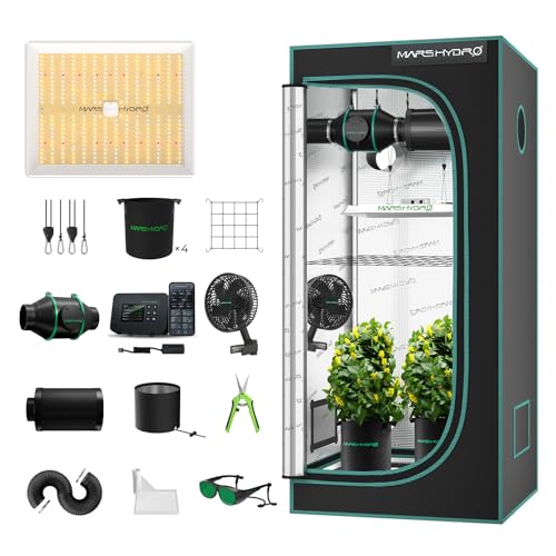 MARS HYDRO TS1000 Growzelt Komplettset mit Digitaler Smart Controller43,LED Dimmbar Grow Lampe,80X80X160cm 1680D Hohe Reflektivität Grow Box Komplettset,4