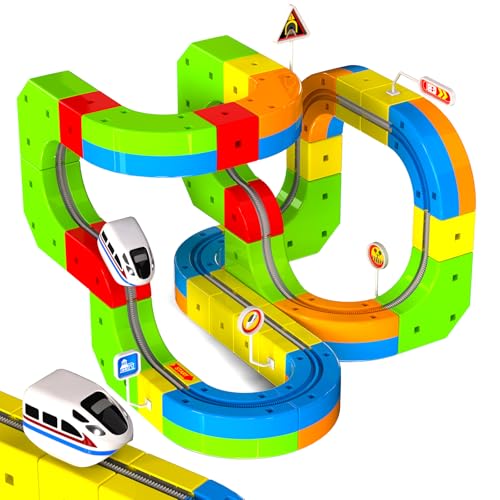 Goody King Eisenbahn Kinder Elektrisch 69 Teile - 3D DIY Magnetzug Set mit Cube Track, Enthält Züge und Verkehrsschilder, Kreatives Lernspielzeug STEM Geschenk für Kinder 4-12 Jahre