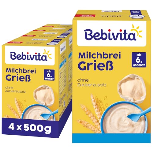 Bebivita Milchbrei Grieß (4x500g), Babybrei ab 6. Monat, ohne Zuckerzusatz, mit wertvollen Mineralstoffen und Vitaminen, gut sättigend