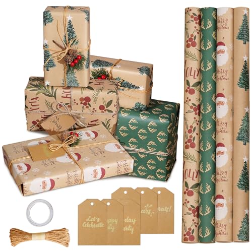 4 Geschenkpapier Weihnachten Rolle, 43cm X 3m Kraft Geschenkpapier Kinder Geburtstag Rollen Mit 10m Hanfseil, Weihnachtspapier Rolle, Christmas Wrapping Paper, Für Weihnachtsfeier Geschenkverpackung