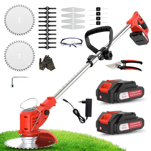OUTIGO Akku Rasentrimmer mit Akku, Rasenkantenschneider mit 2 Akkus 21V und 4 Messertypen+1 Gartenschere, Verstellbarer Teleskop-Führungsholm Desbrozadoraeléctrico inalámbrico (BIGRot-FBA)