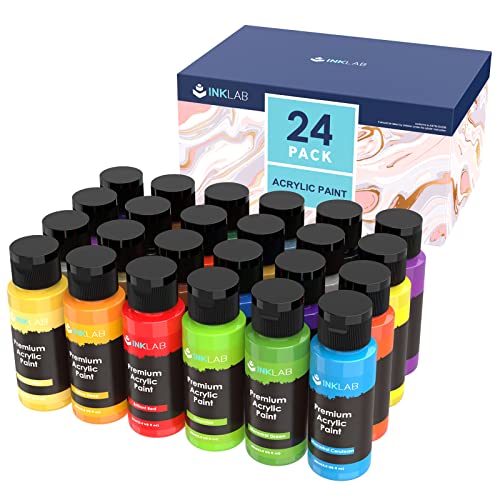 INK LAB Acrylfarben Set 24 x 60 ml, Acrylfarbe, Wasserdichte und lichtbeständige acrylic paints, Schnelltrocknend für Papier, Holz, Leinwand, Stoffe, Ideal für Anfänger und Profis