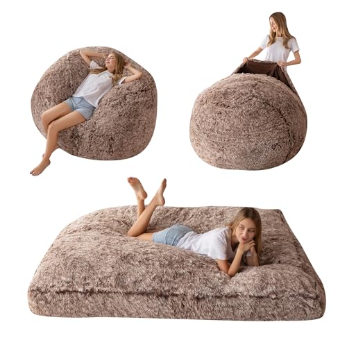 MAXYOYO Riesiges Sitzsackbett – umwandelbar vom Sitzsack zum Bett – großes Sofa mit Plüschbezug und Flauschiger Füllung im Lieferumfang enthalten, für Erwachsene, Paare, Gäste (Braun, 135x190 cm)