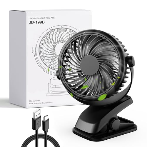 Gaeymy Mini Ventilator Akku mit Clip, USB-C Grow Ventilator Klein, Manuelle Drehung Tisch Ventilatoren Leise mit 3 Geschwindigkeiten, Tragbarer Aufladbar für Auto Camping Growzelt Kinderwagen