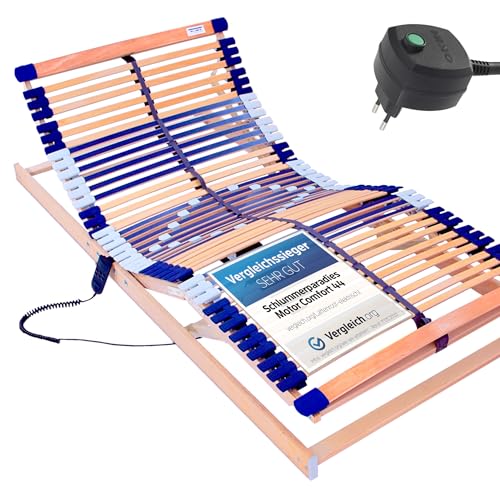 elektrischer Lattenrost 100% BUCHE - Kopf- u. Fußteil elektrisch verstellbar - SCHULTERFRÄSUNG, 7 Zonen, 44 Federleisten, Härteregulierung, Mittelgurt - Motor Comfort 44® - fertig montiert (90x200)